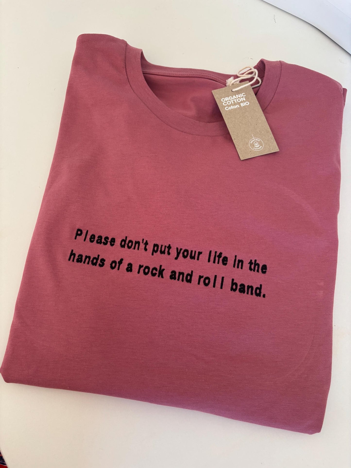 Oasis Lyric Embroidered T-Shirt – “Please don’t put your life…” | 100% Organic Cotton | Unisex | XS–5XL | Multiple Colors