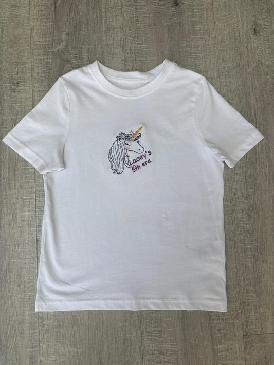 Personalised Kids Unicorn T-Shirt | Embroidered Cotton Tee | Custom Name & Age | 1–14 Years | Birthday Gift UK