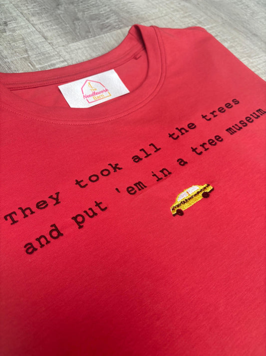 Counting Crows Lyric Organic Cotton T-Shirt – Embroidered Yellow Taxi, Unisex, Poppy Red (XXS–XXL)