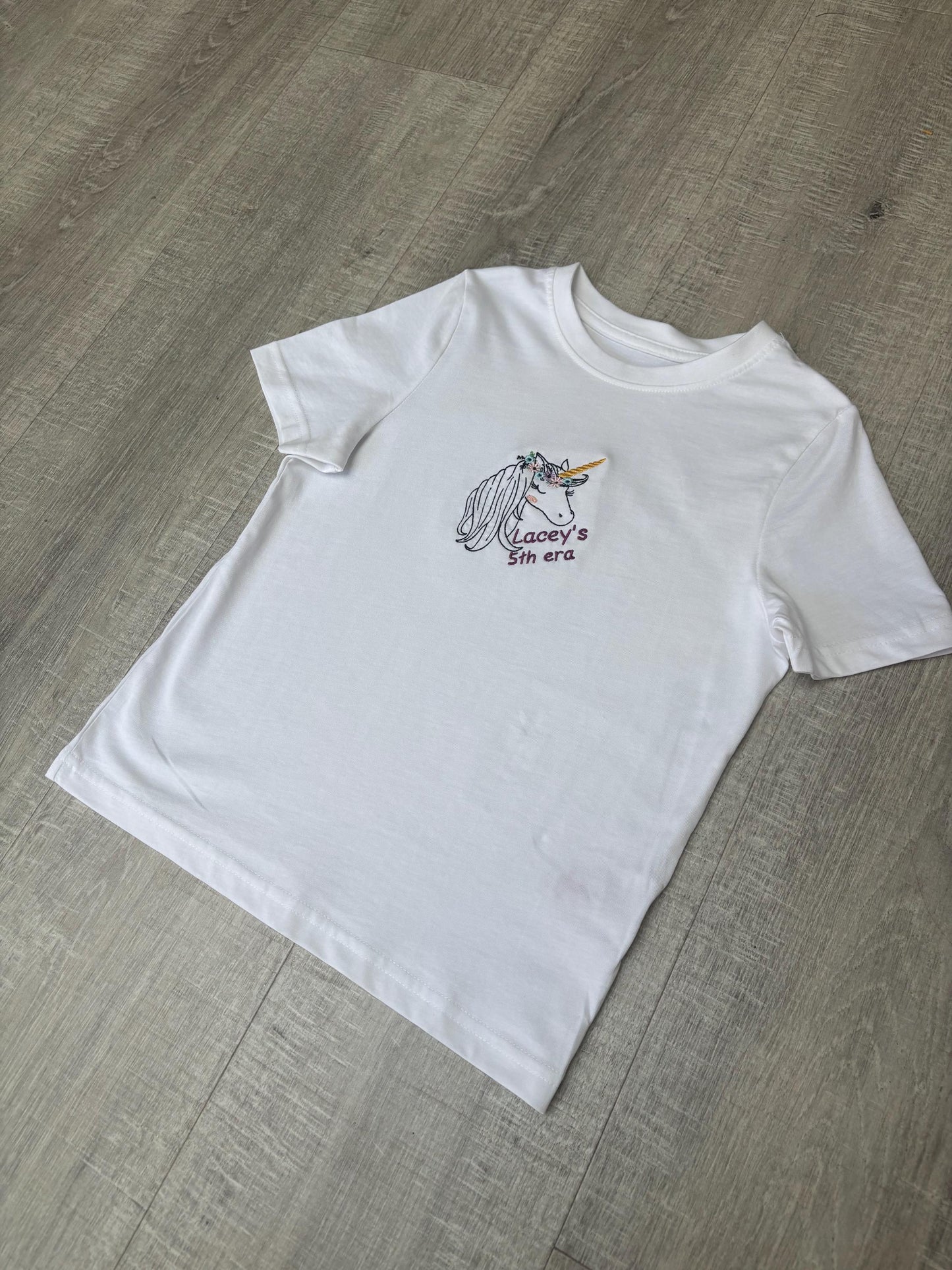 Personalised Kids Unicorn T-Shirt | Embroidered Cotton Tee | Custom Name & Age | 1–14 Years | Birthday Gift UK