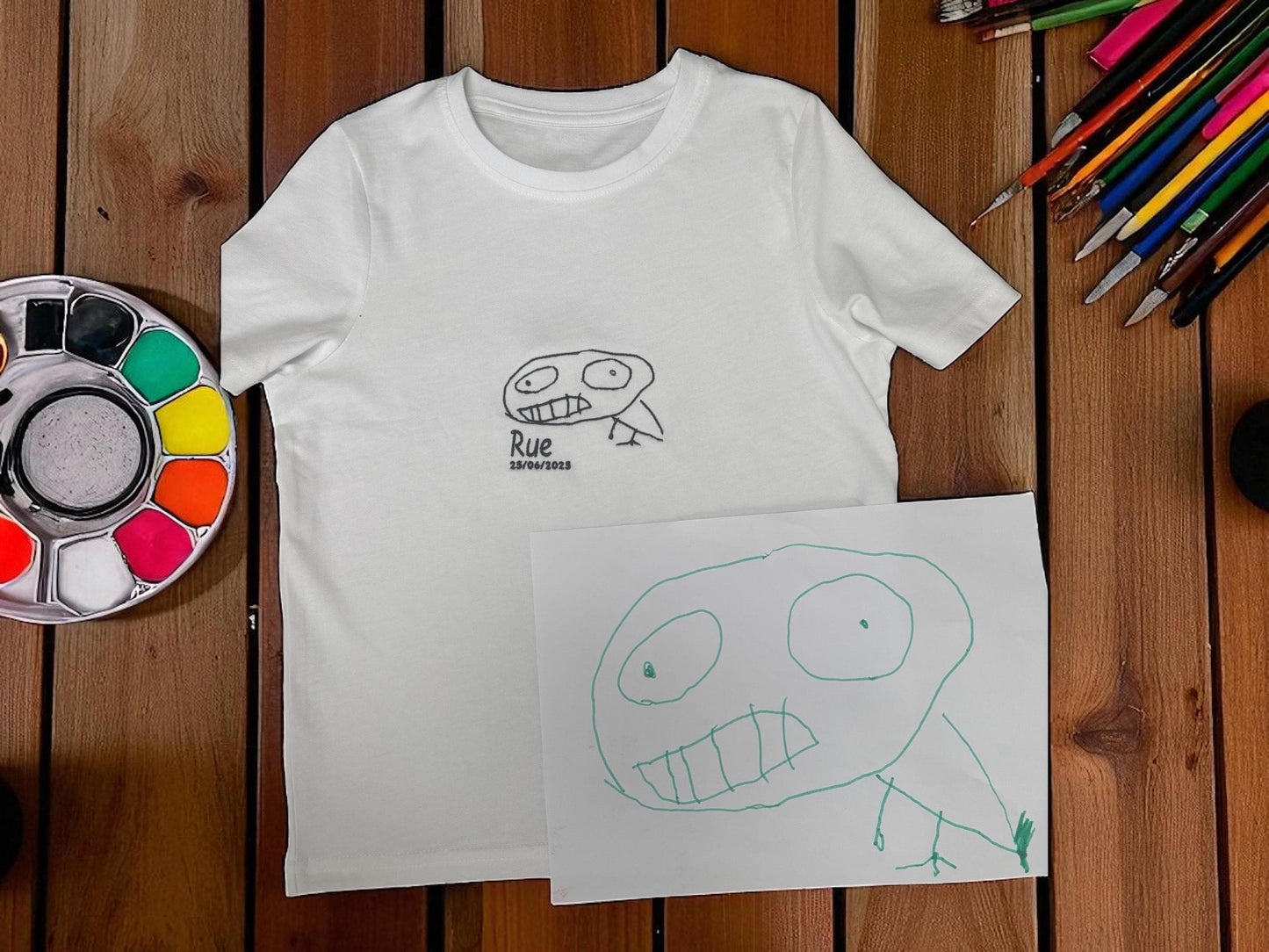 Personalised Kids Drawing Embroidered T-Shirt – Custom Child Art Shirt on 100% Cotton | Sizes 3-12yrs | Unique Gift for Kids