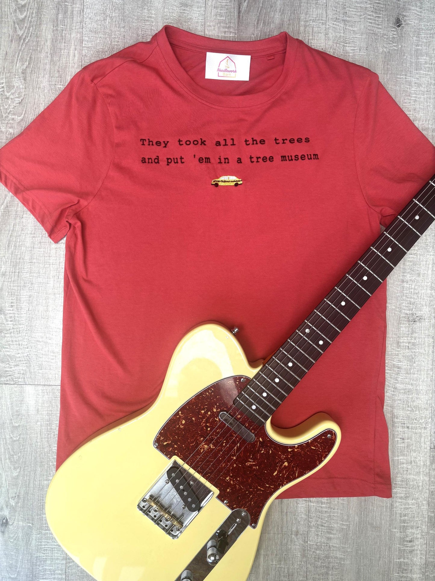 Counting Crows Lyric Organic Cotton T-Shirt – Embroidered Yellow Taxi, Unisex, Poppy Red (XXS–XXL)