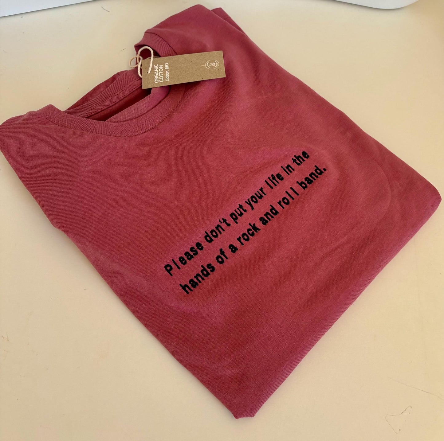 Oasis Lyric Embroidered T-Shirt – “Please don’t put your life…” | 100% Organic Cotton | Unisex | XS–5XL | Multiple Colors